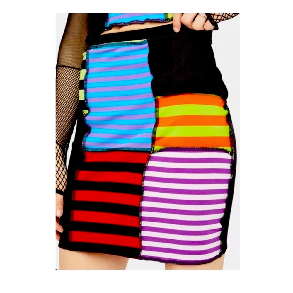 Ragged Priest Multi colored Striped Patchwork Mini Skirt